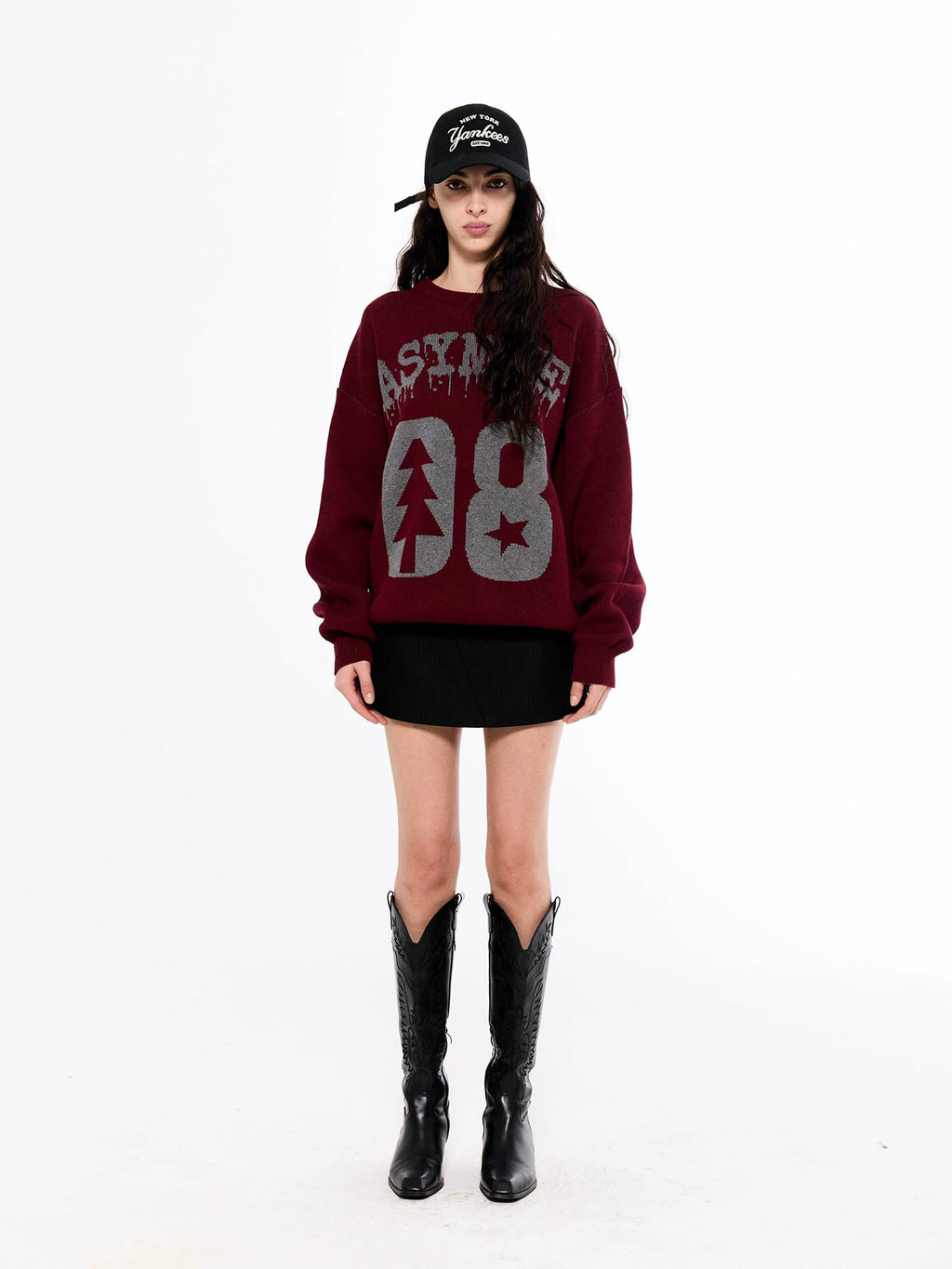 Asymwe Ankesela Red Christmas Jacquard Cotton Yarn Thick Short Wide Silhouette Loose Lazy Pure Cotton Round Neck Sweater