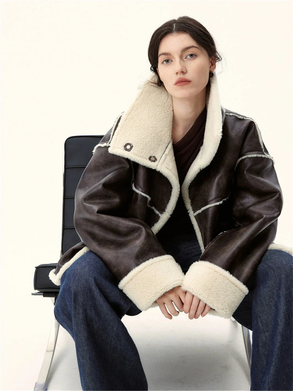 Oversized Shearling-Lined Leather Coat