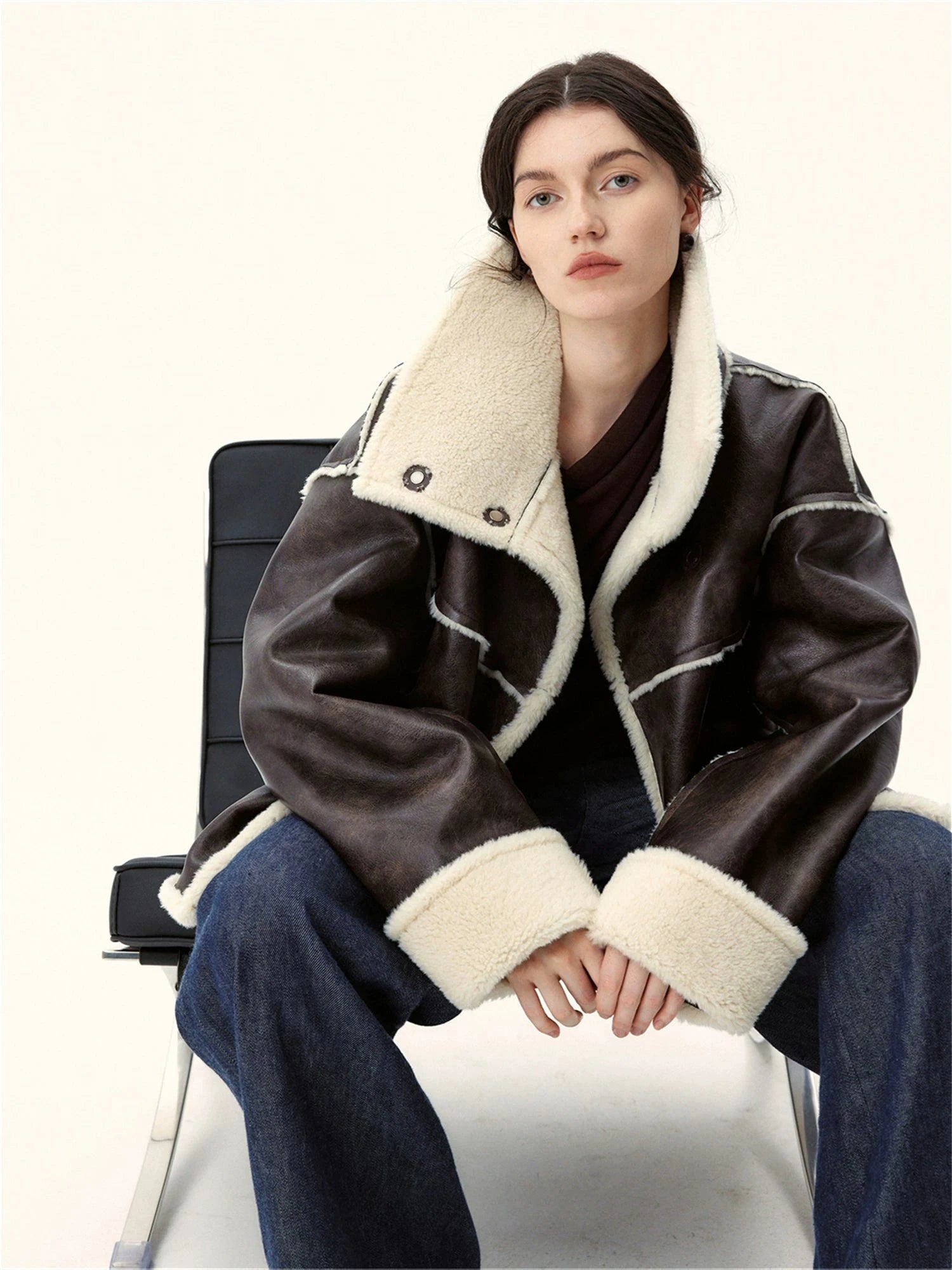 Oversized Shearling-Lined Leather Coat