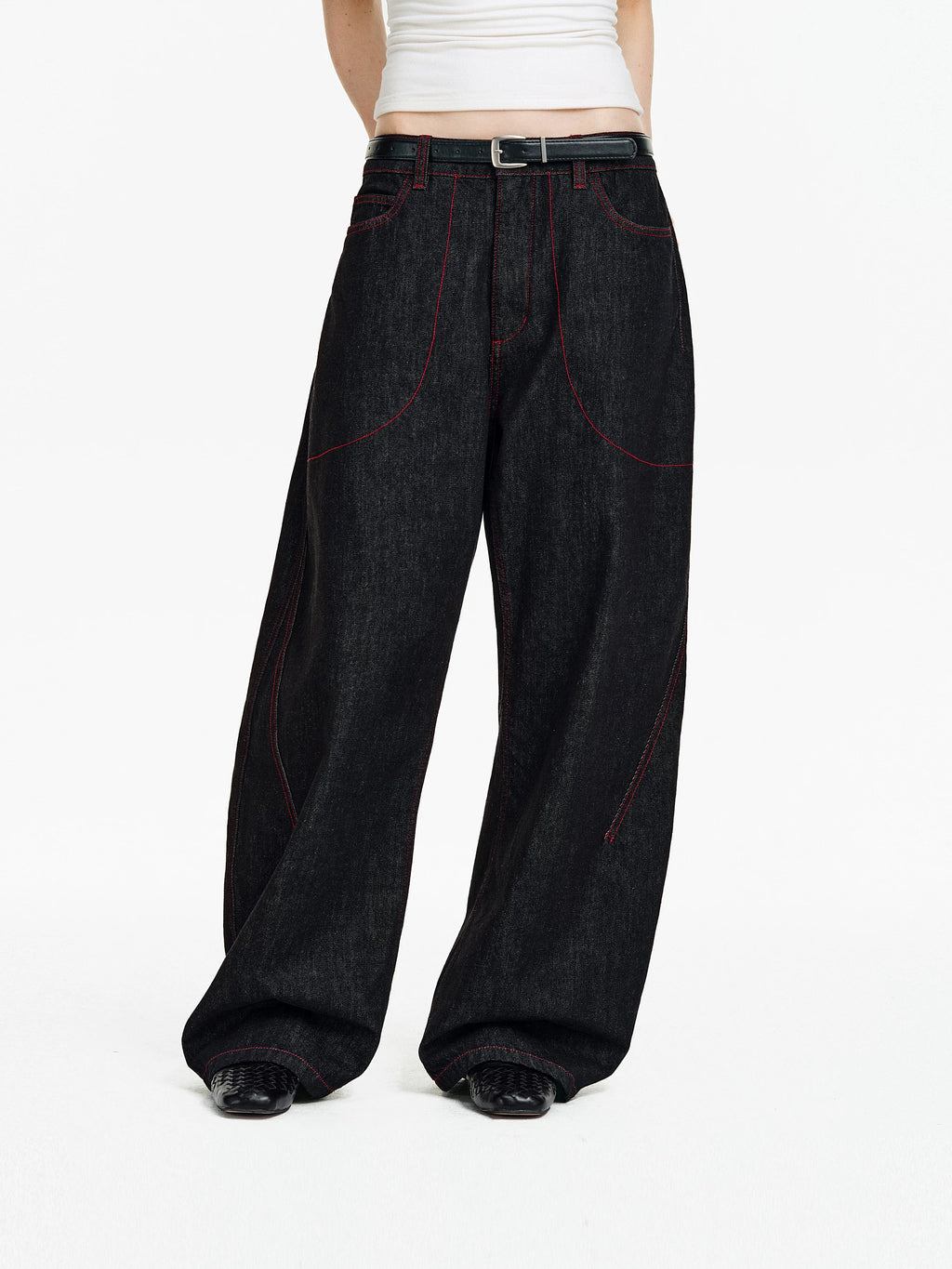 Contrast Stitch Wide-Leg Denim Jeans