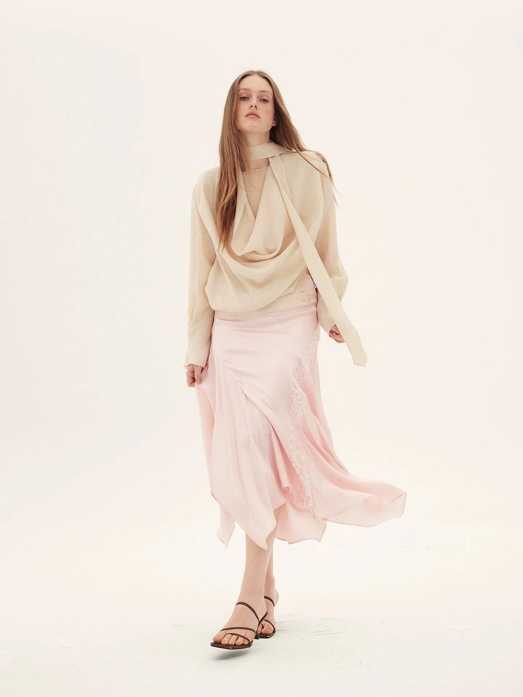 Triacetate Ribbon-Tie Draped Blouse