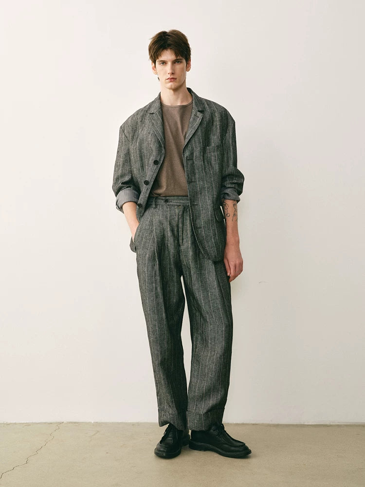 Pleated Striped Linen Trousers