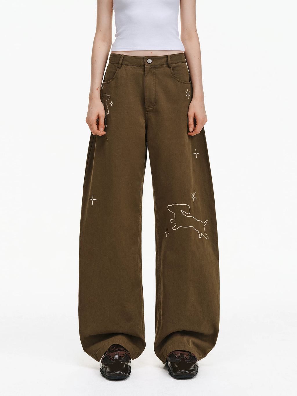Embroidered Puppy Motif Wide-Leg Trousers
