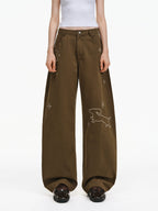 Embroidered Puppy Motif Wide-Leg Trousers