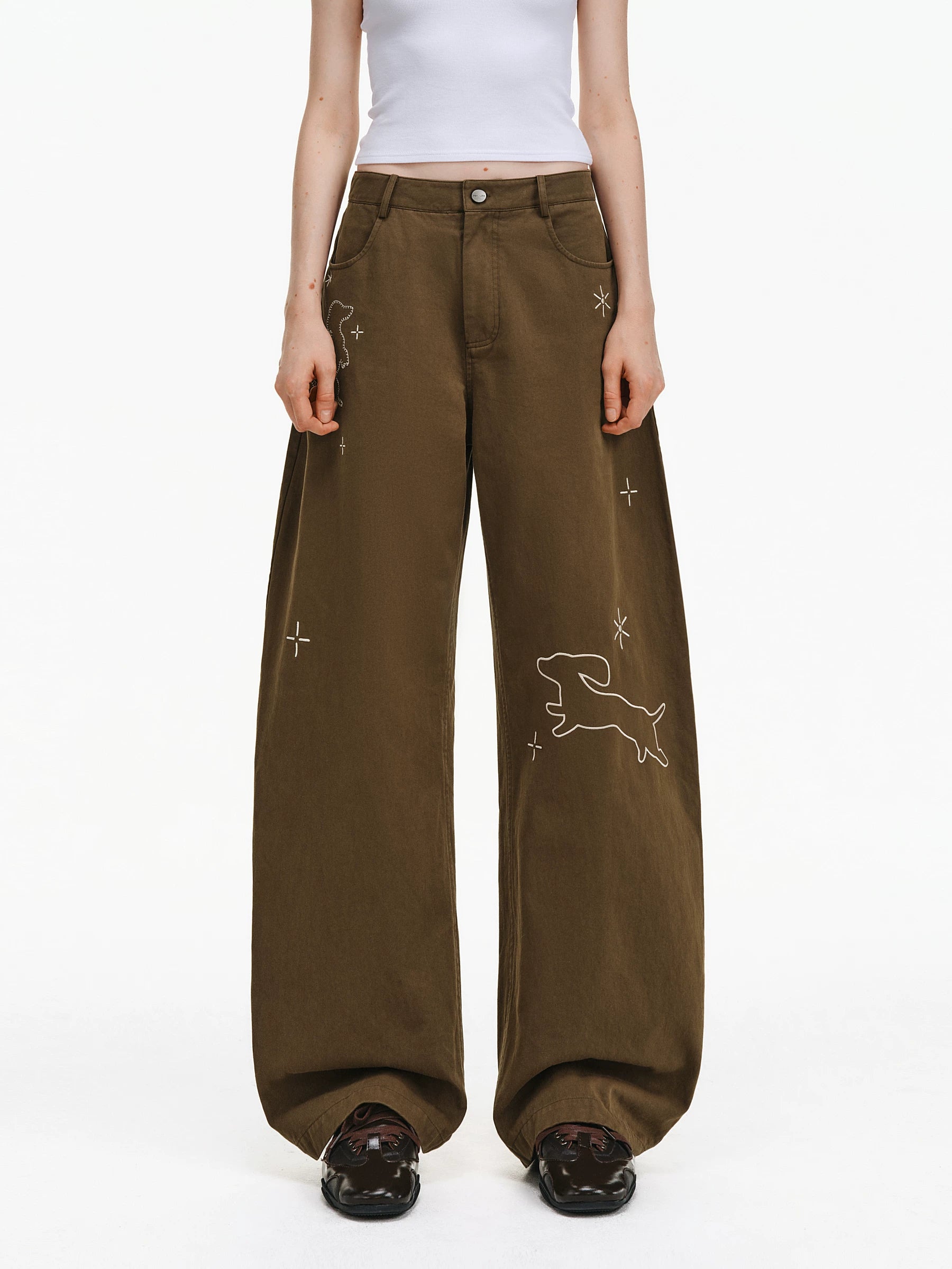 Embroidered Puppy Motif Wide-Leg Trousers