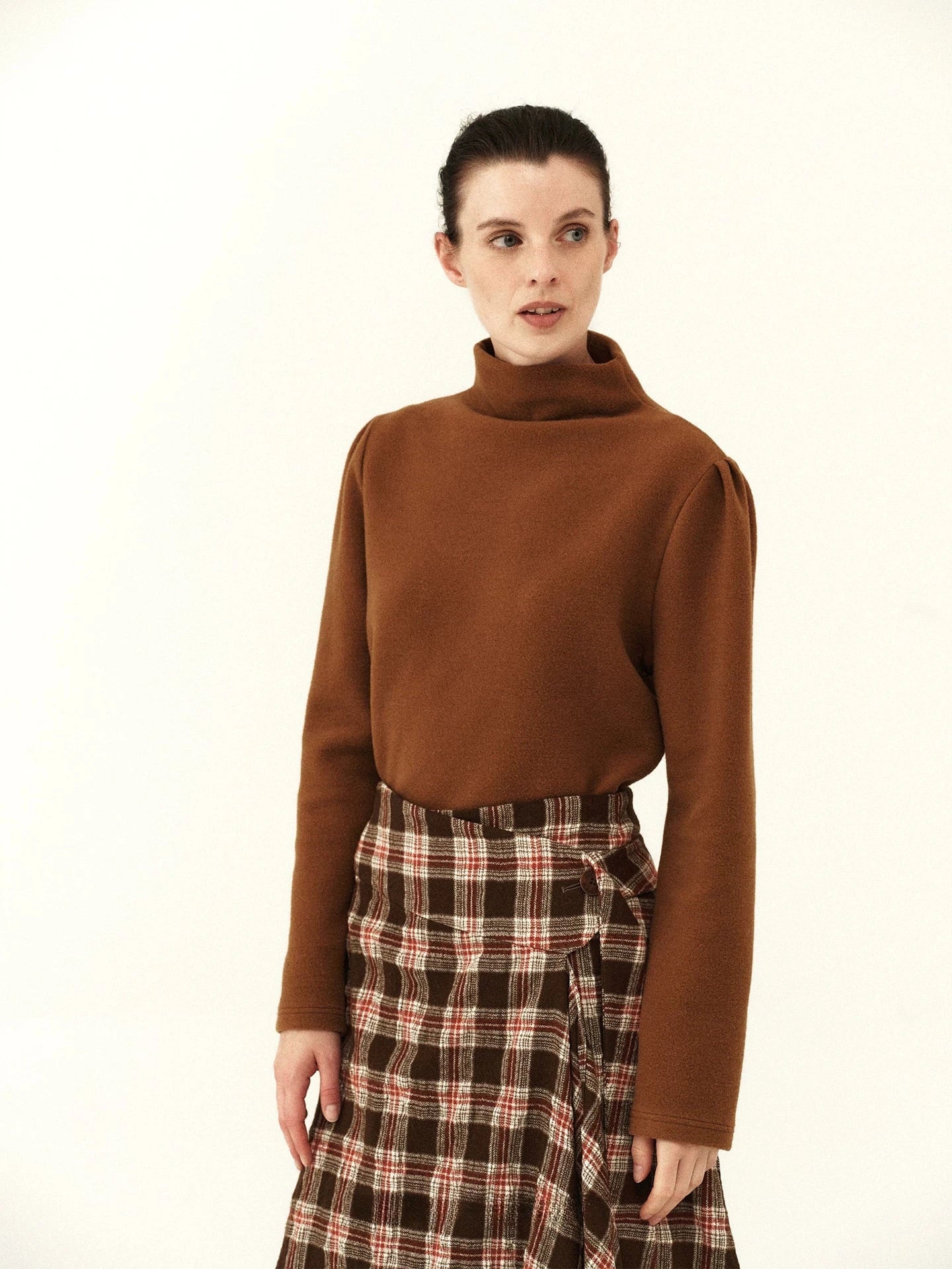 Plush High-Neck Puff-Sleeve Midi Dress