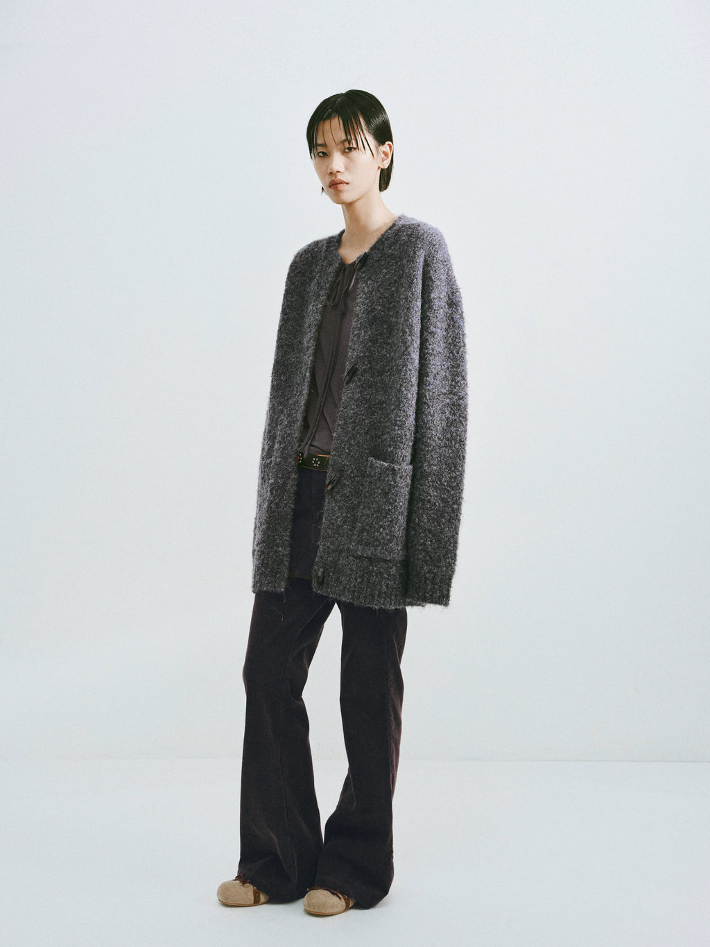 Textured Wool-Blend Loop Yarn Cardigan