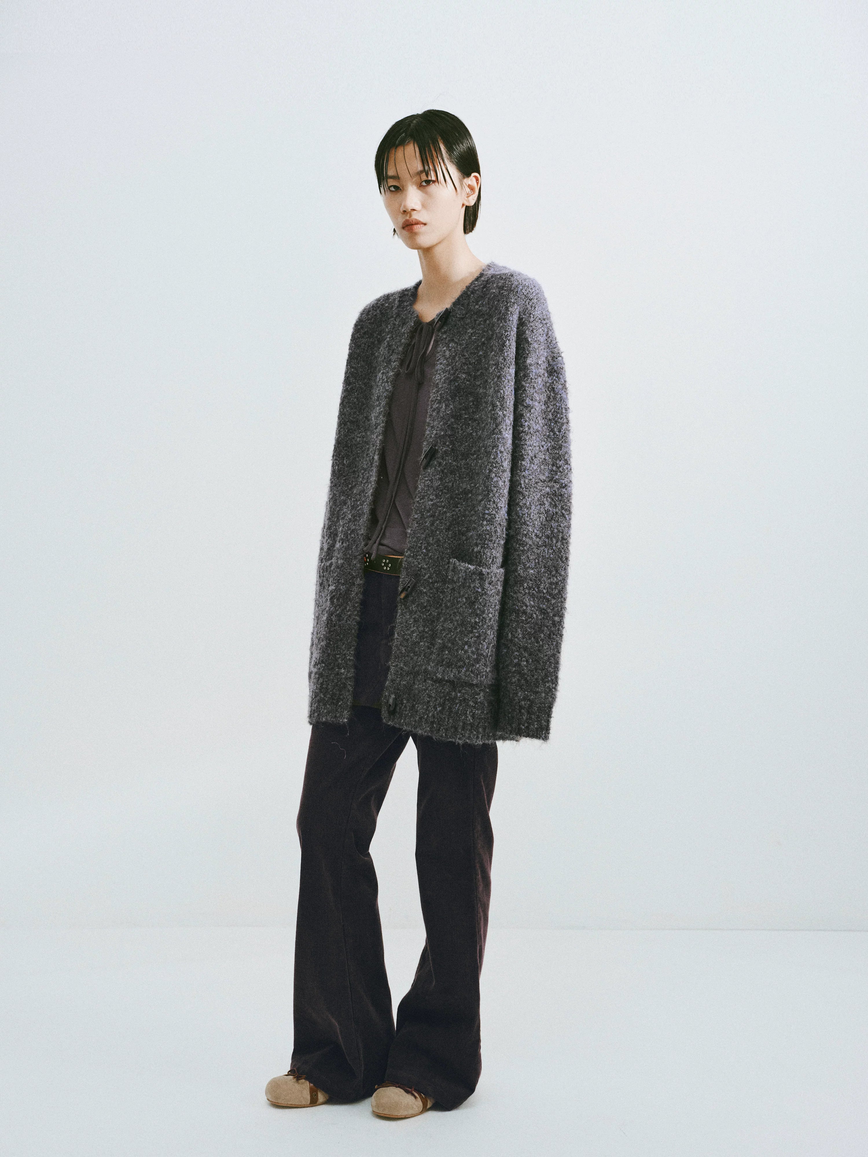 Textured Wool-Blend Loop Yarn Cardigan