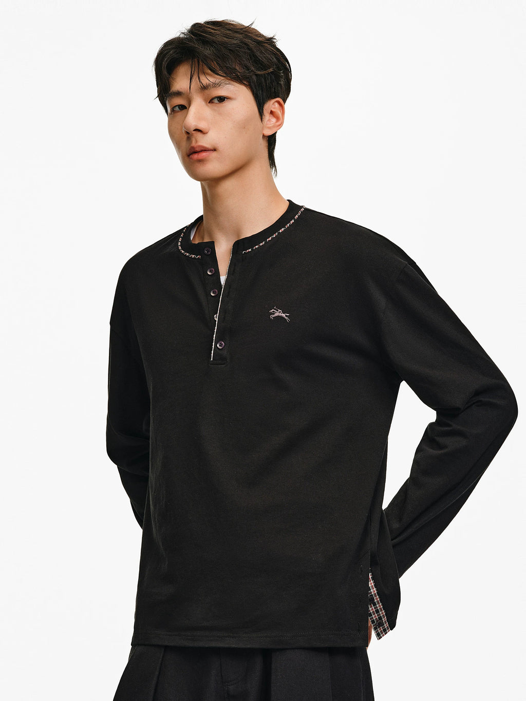 Plaid Trim Embroidered Henley Shirt