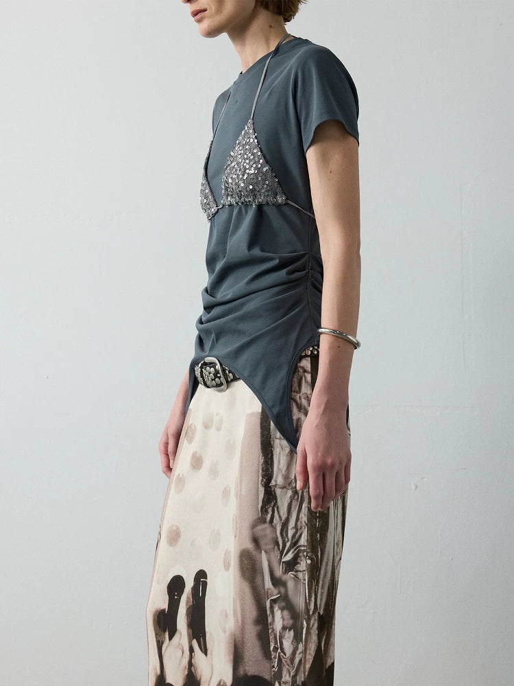 Asymmetric Pleated Cotton T-Shirt With Sequin Overlay