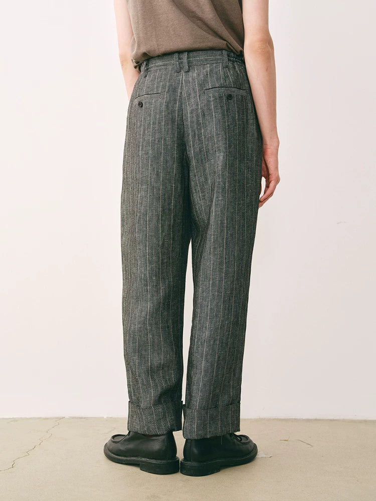 Pleated Striped Linen Trousers
