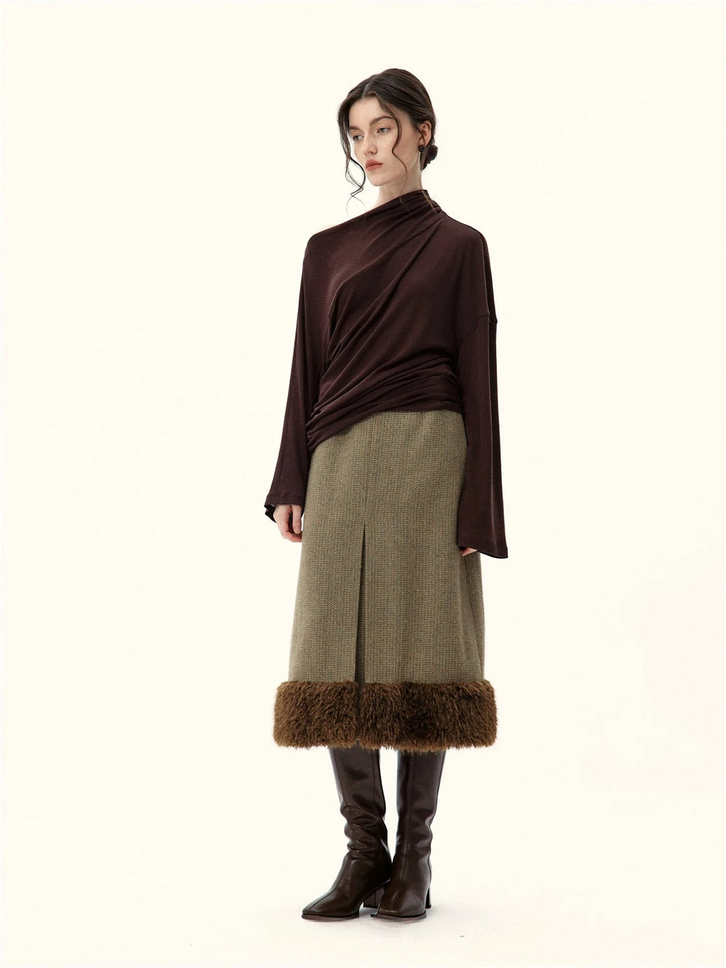 Faux Fur Trimmed A-Line Midi Skirt