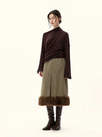 Faux Fur Trimmed A-Line Midi Skirt
