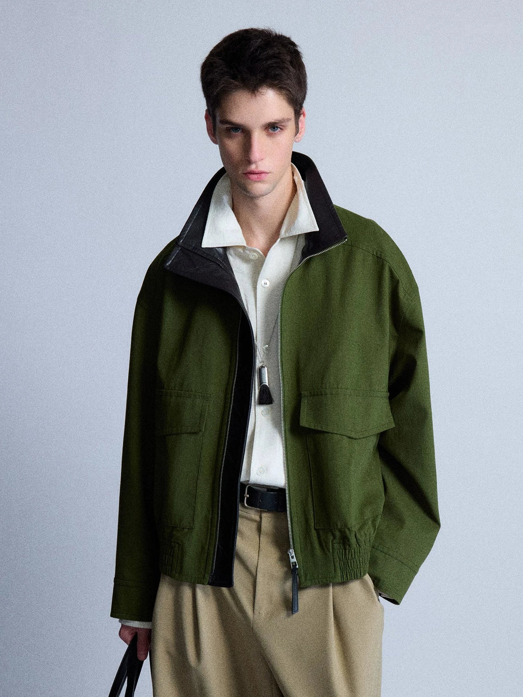 Leather-Trimmed Wool Blend Bomber Jacket