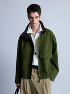 Leather-Trimmed Wool Blend Bomber Jacket