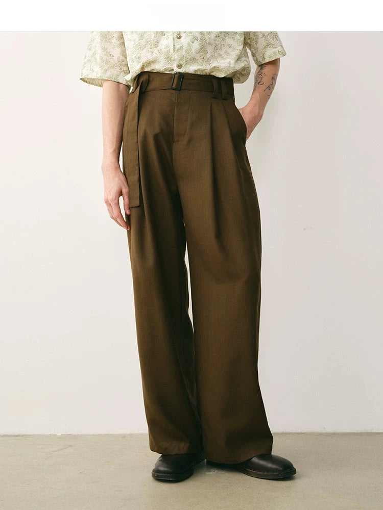 Olive Wool Blend Pleated Trousers
