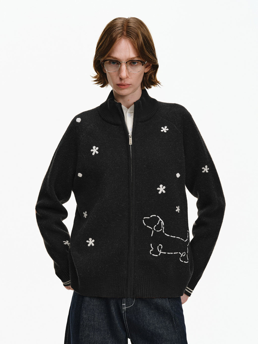 Embroidered Puppy Motif Zip-Up Cardigan