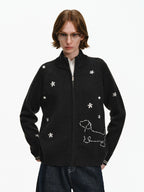 Embroidered Puppy Motif Zip-Up Cardigan