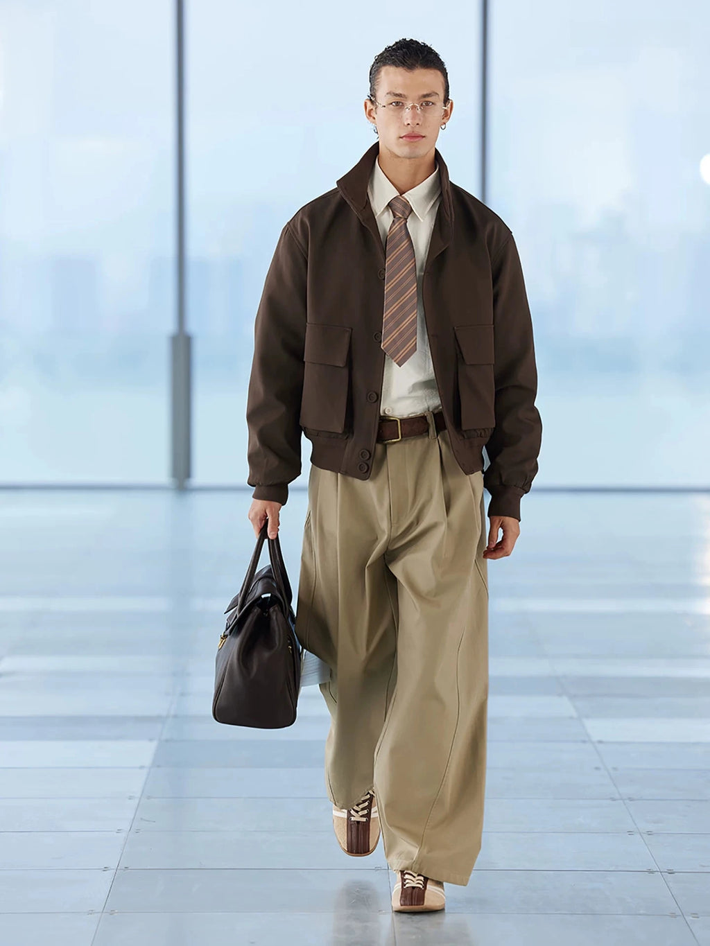 Curved Leg Pleated Trousers