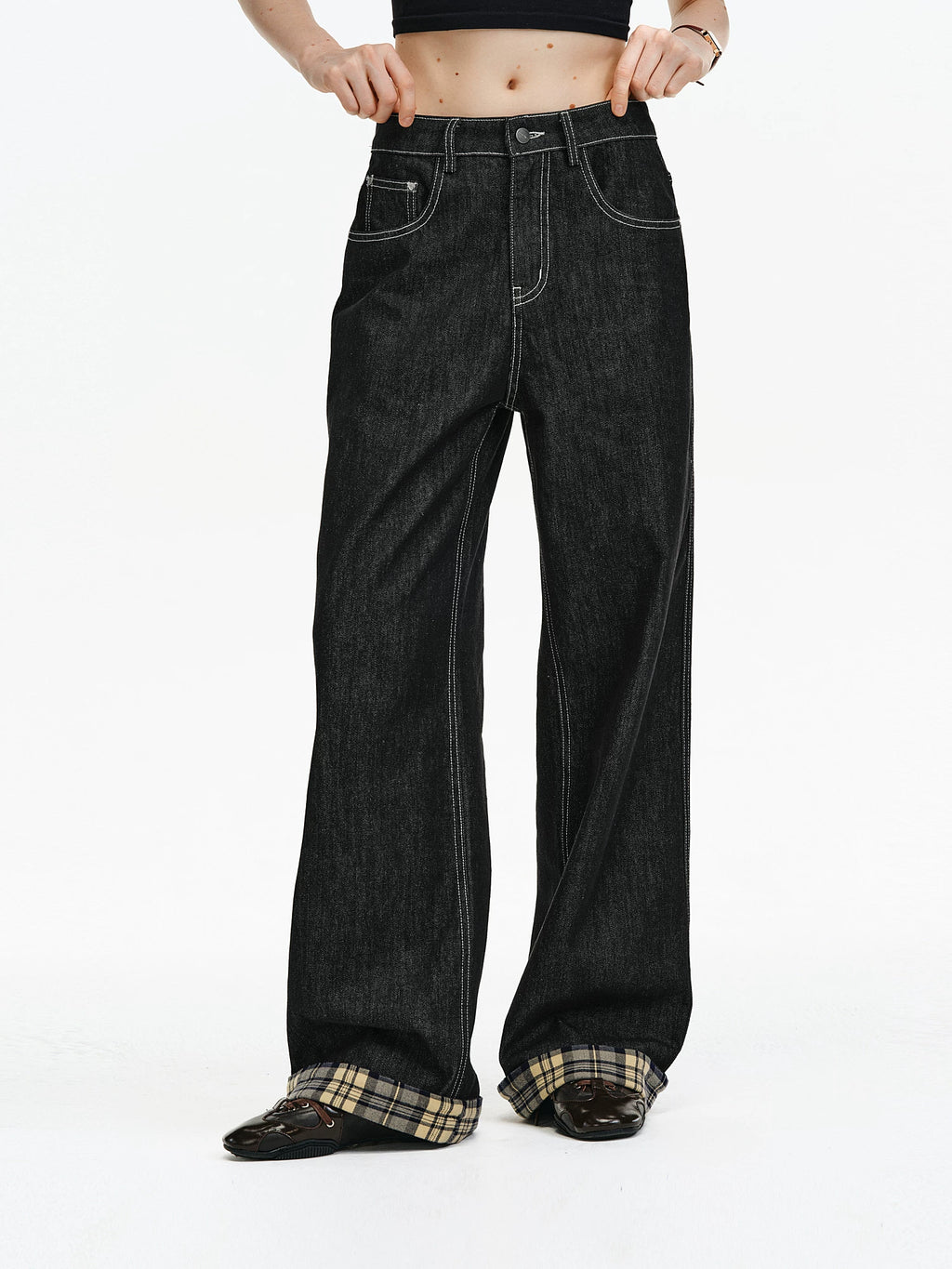 Contrast Stitch Plaid Cuff Wide-Leg Jeans