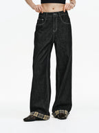 Contrast Stitch Plaid Cuff Wide-Leg Jeans