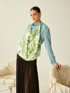Sky Blue Mock Neck Silk Blouse