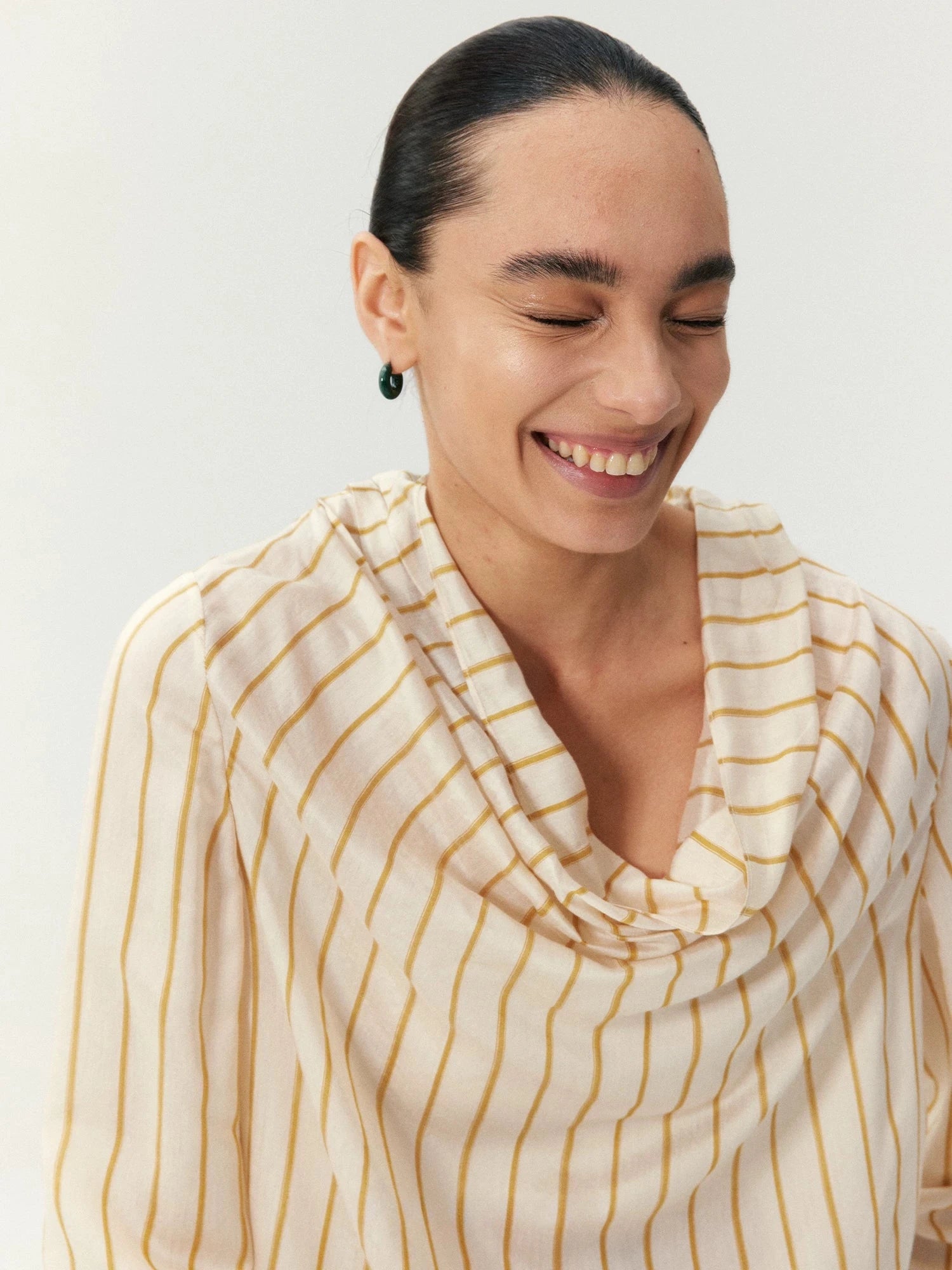 Silk Blend Striped Cowl Neck Shirt