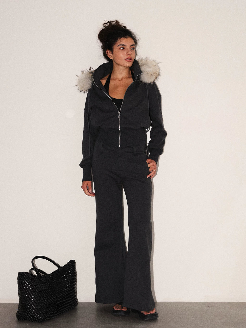 Cropped Fur-Trimmed Zip-Up Hoodie