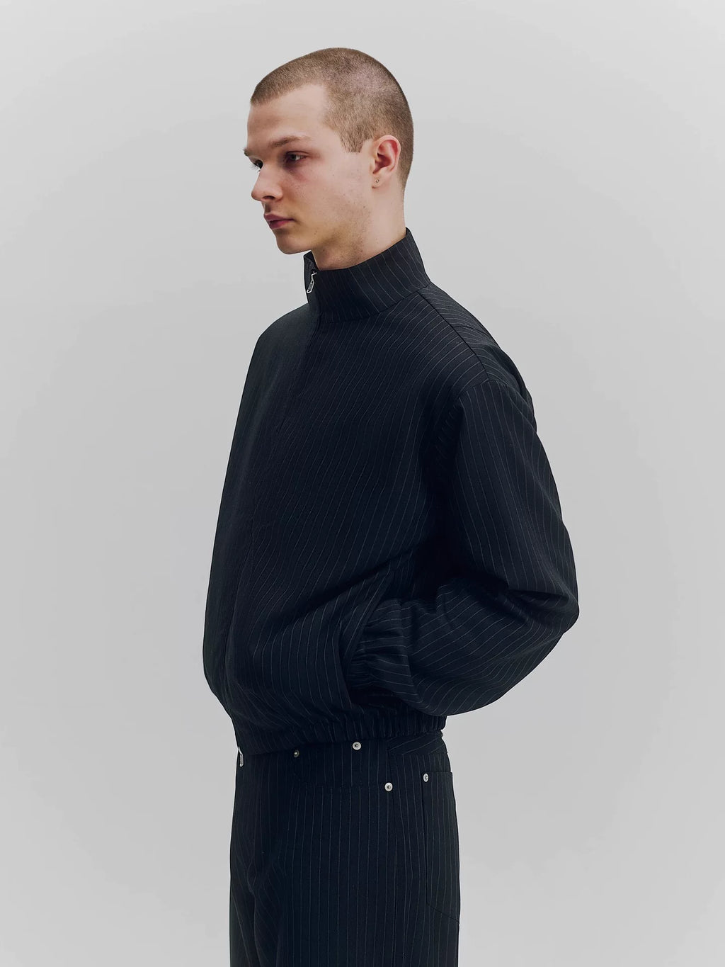 Striped Wool Stand Collar Bomber Jacket