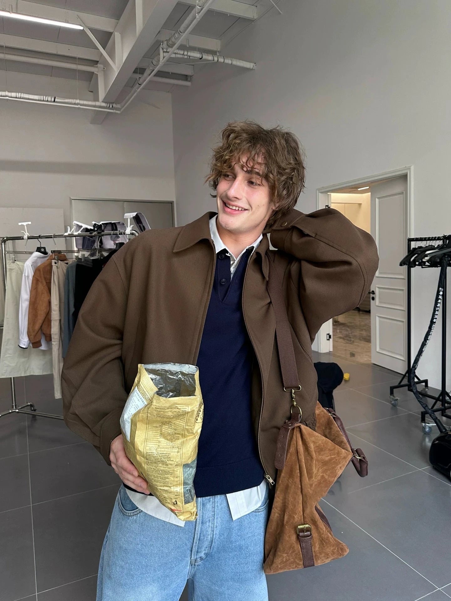 Oversized Wool Blend Harrington Jacket