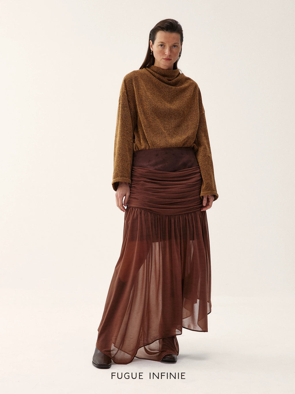 Suede And Chiffon Asymmetrical Midi Skirt