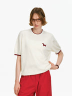 Puppy Embroidered Contrast Trim Knit Top