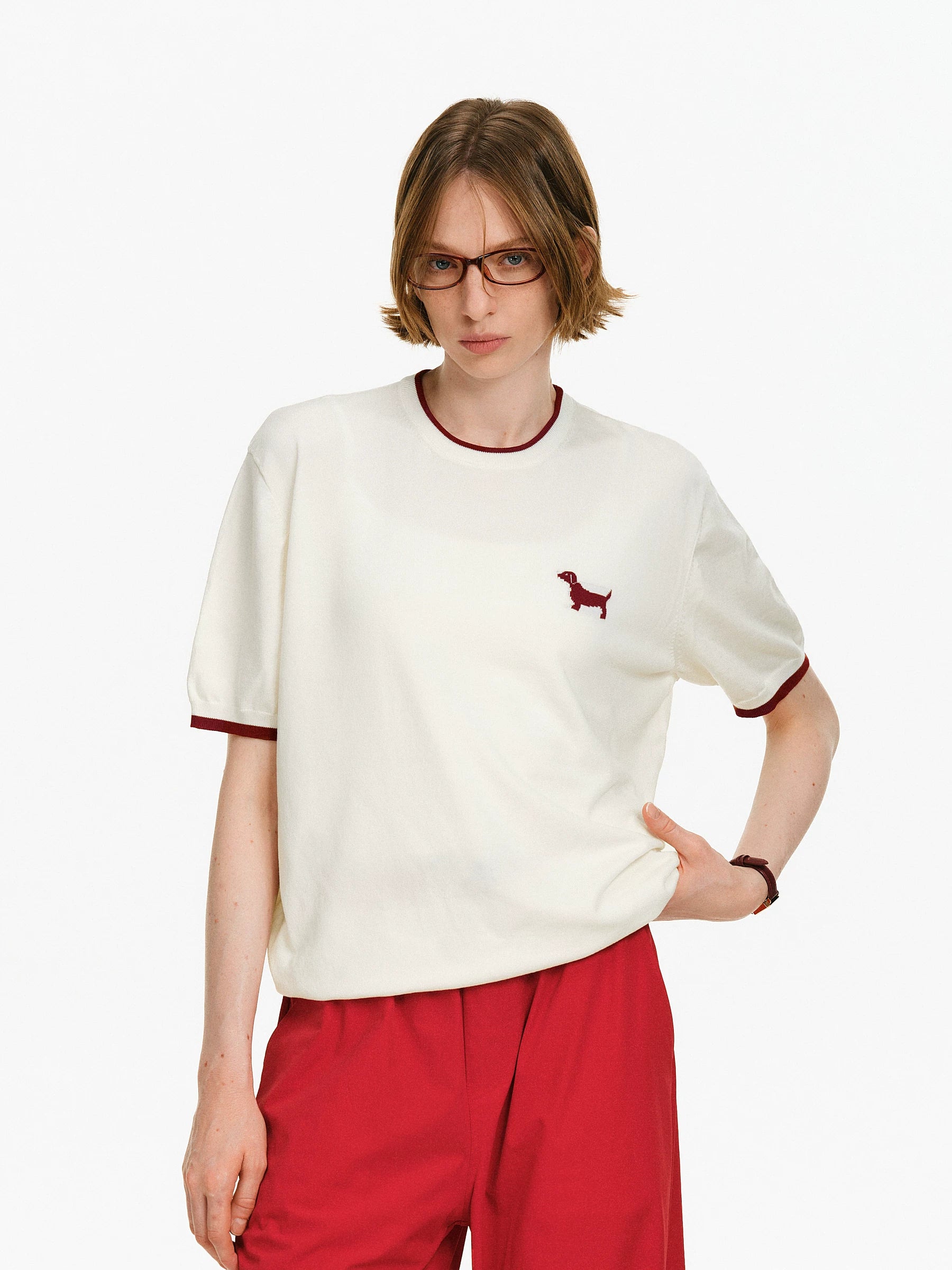 Puppy Embroidered Contrast Trim Knit Top