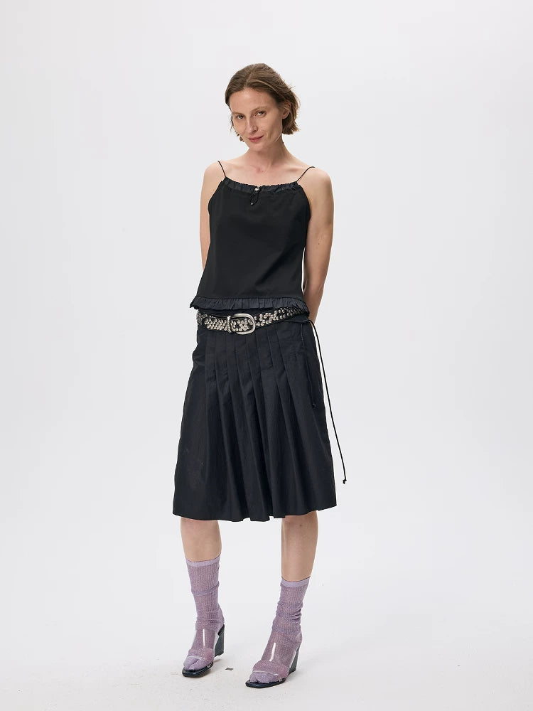 Coated Lightweight Pleated Midi Skirt