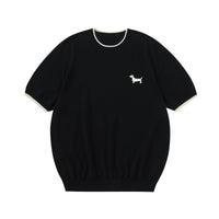 Puppy Embroidered Contrast Trim Knit Top
