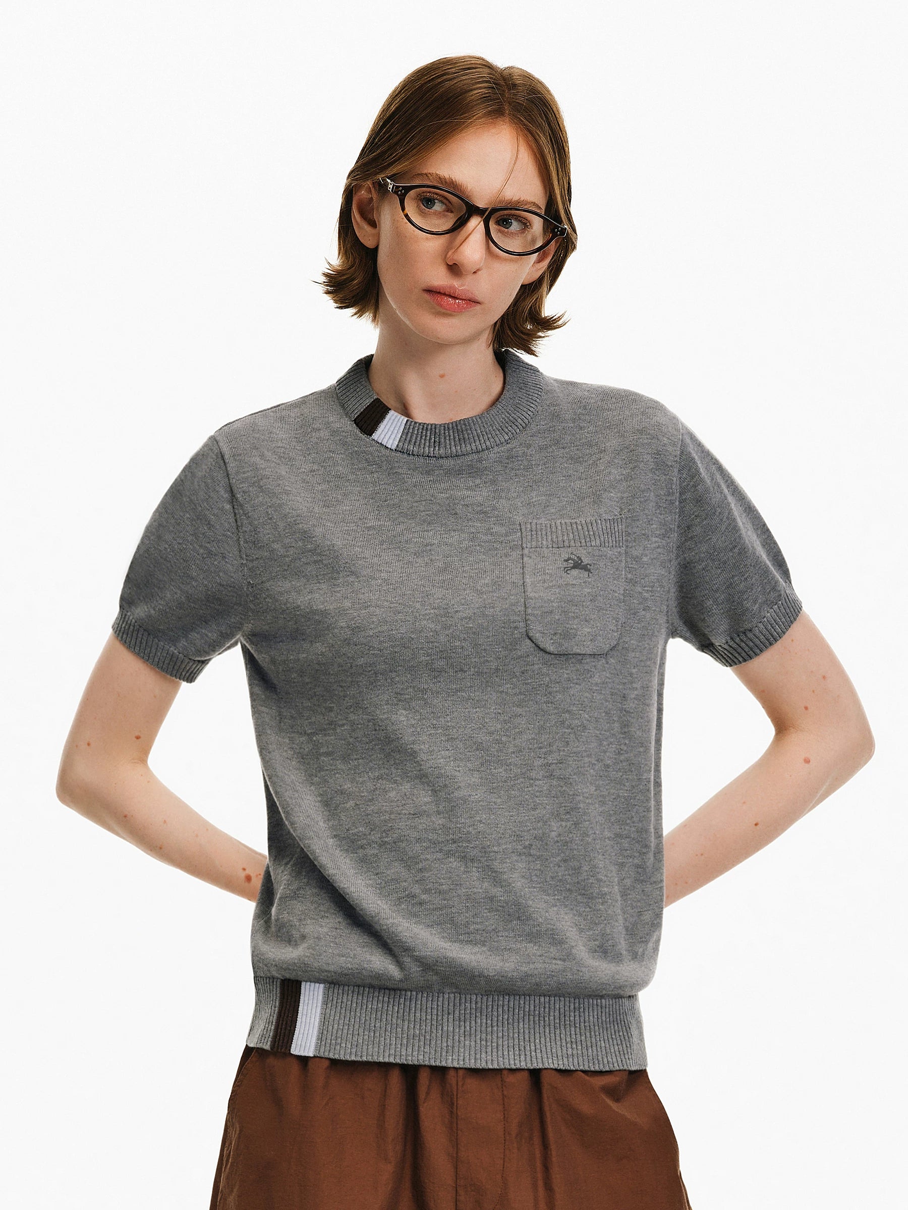 Wool Blend Embroidered Pocket Knit Top