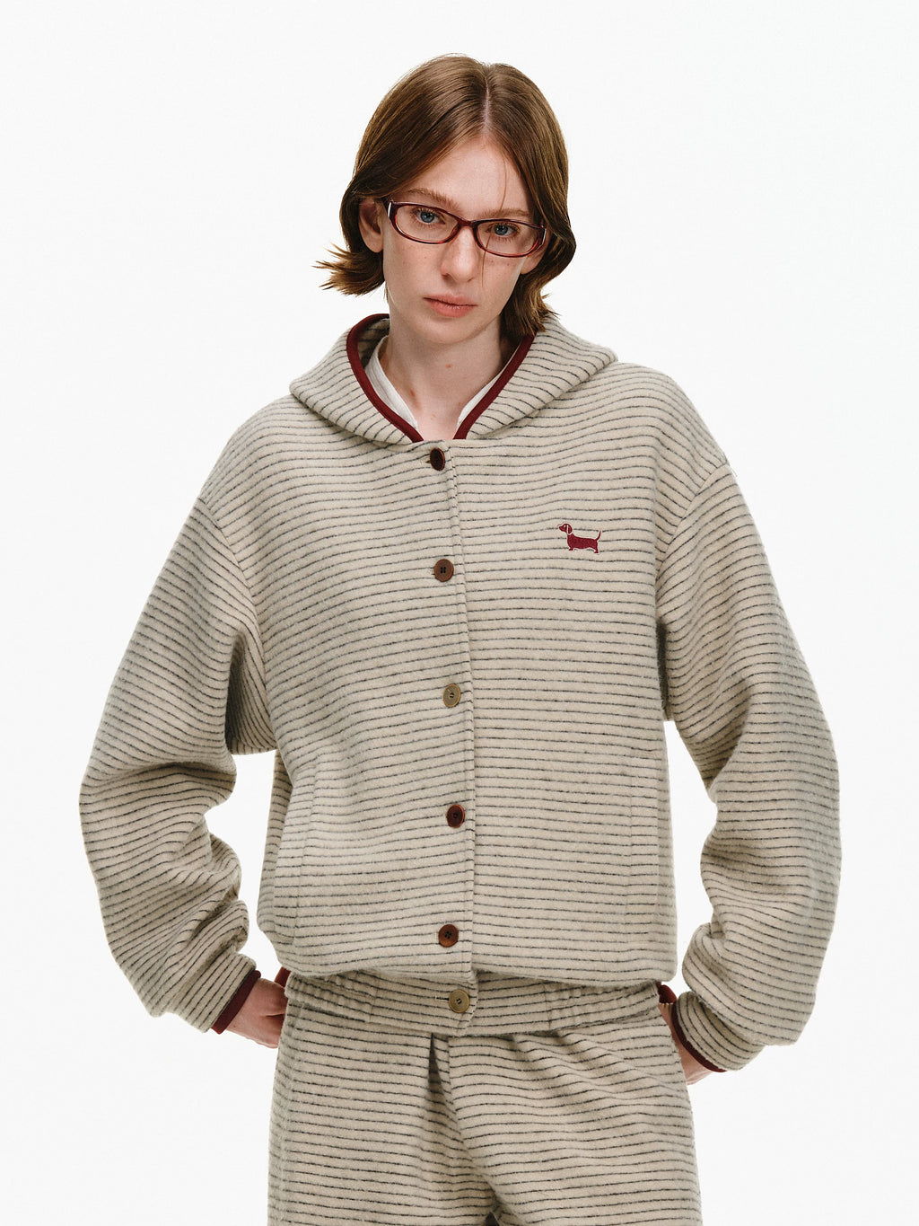 Striped Puppy Embroidered Hooded Cardigan