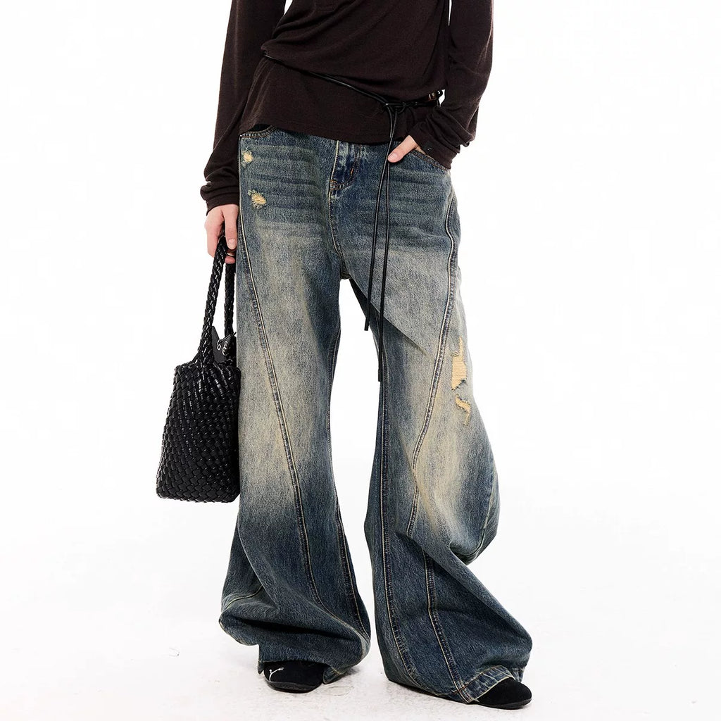 Asymwe Retro Washed Ripped Loose Fit Scimitar Jeans Versatile Casual Banana Pants
