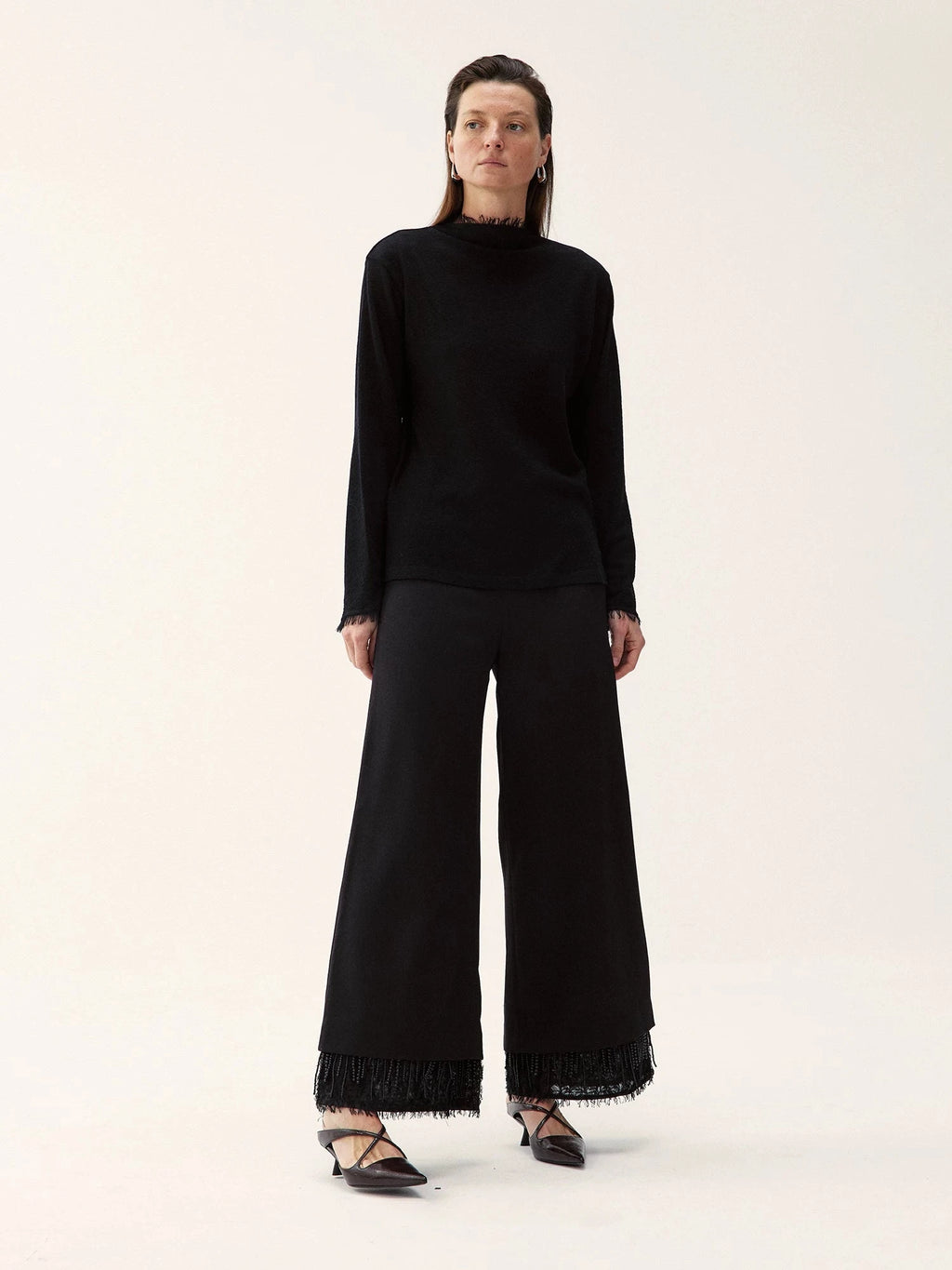 Beaded Fringe Hem Wide-Leg Pants