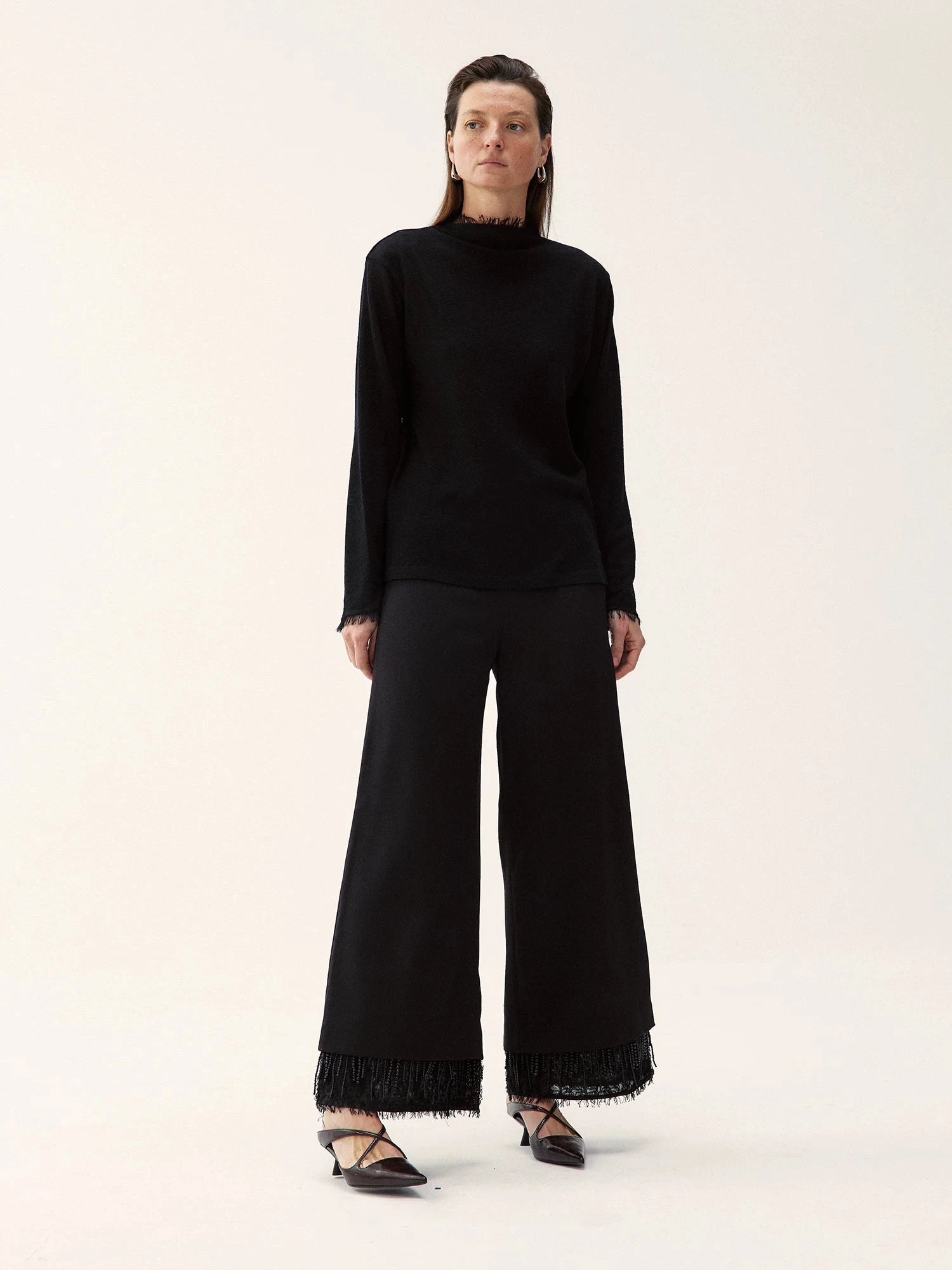 Beaded Fringe Hem Wide-Leg Pants