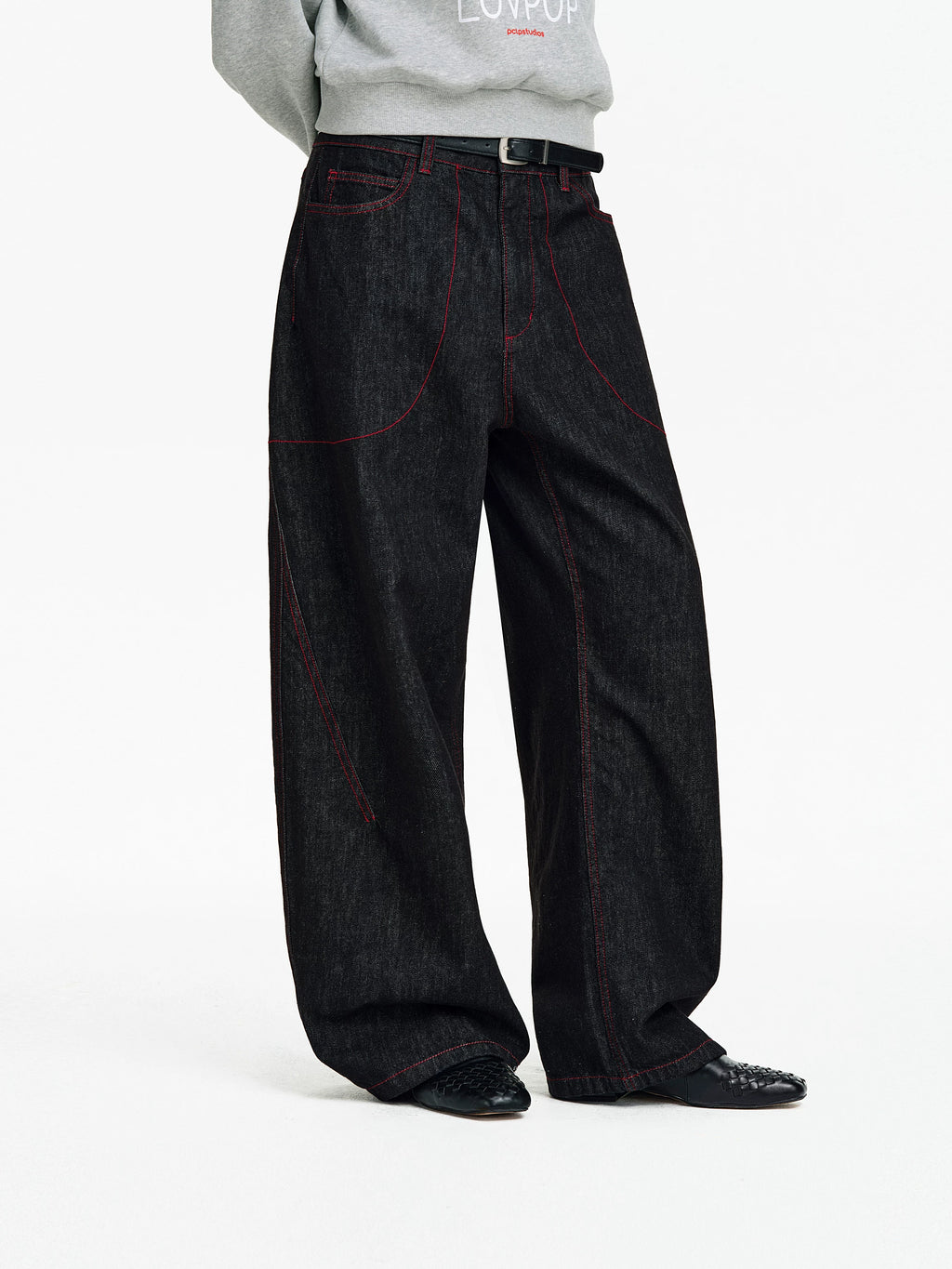 Contrast Stitch Wide-Leg Denim Jeans