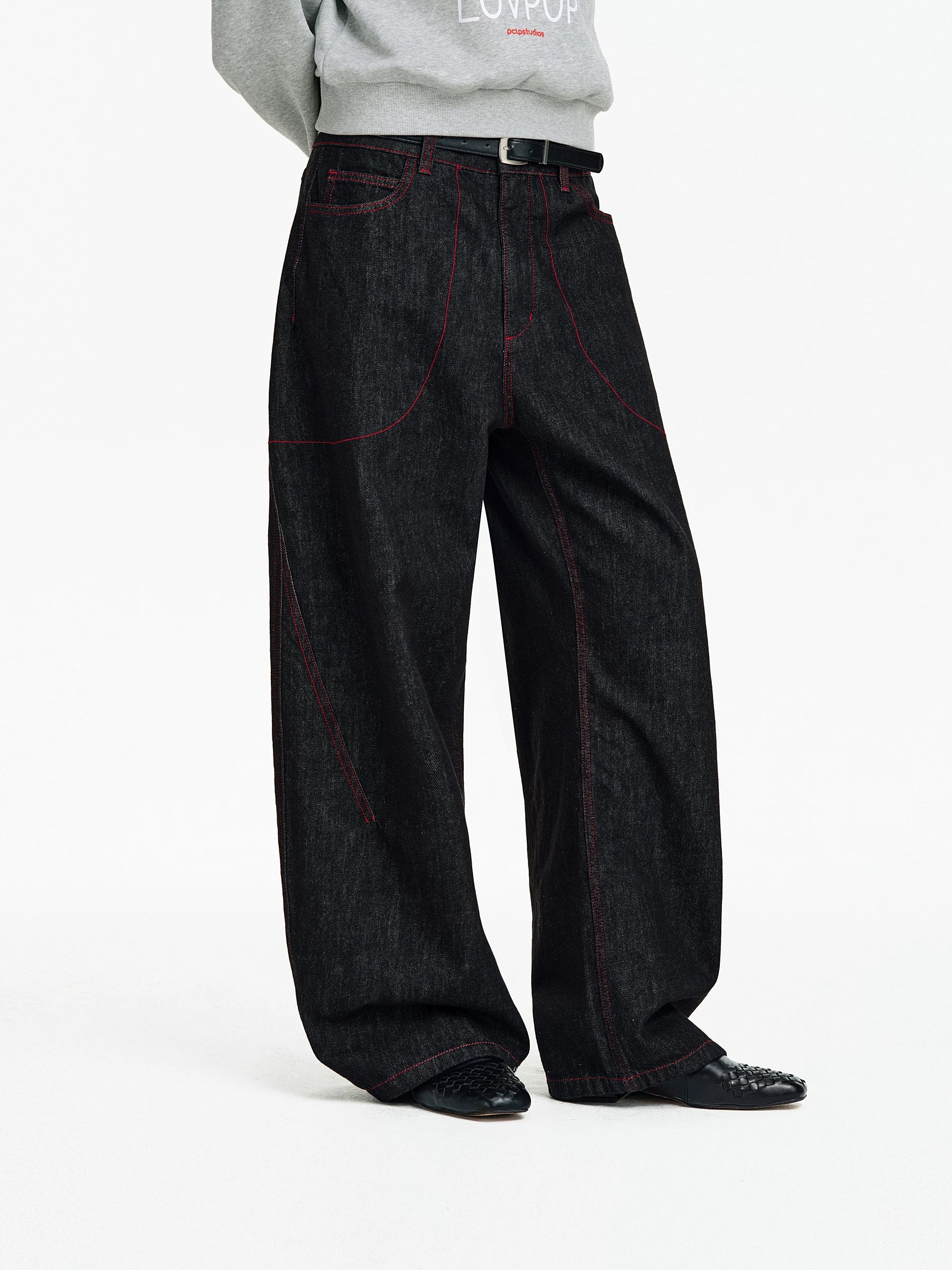 Contrast Stitch Wide-Leg Denim Jeans