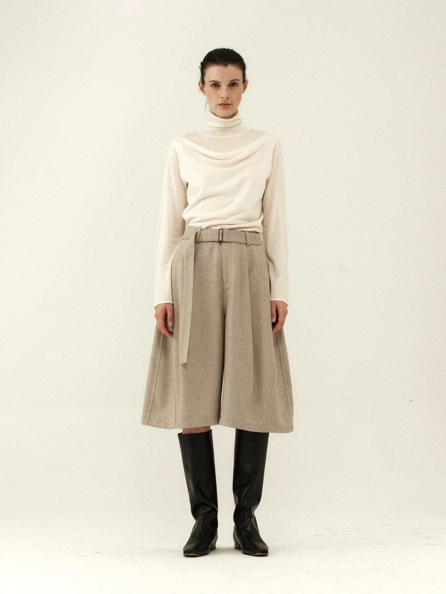 Belted Wool Twill Culottes