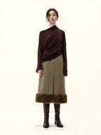 Faux Fur Trimmed A-Line Midi Skirt