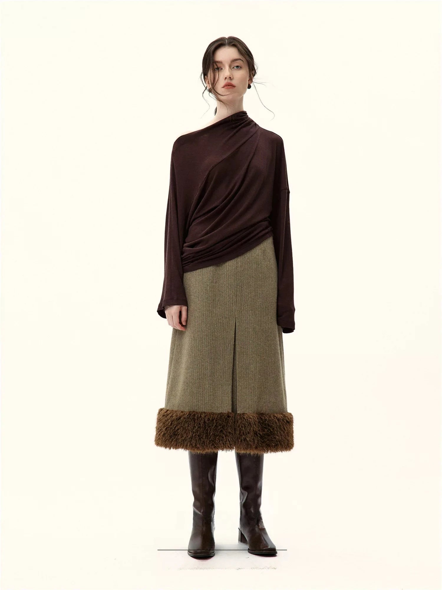 Faux Fur Trimmed A-Line Midi Skirt
