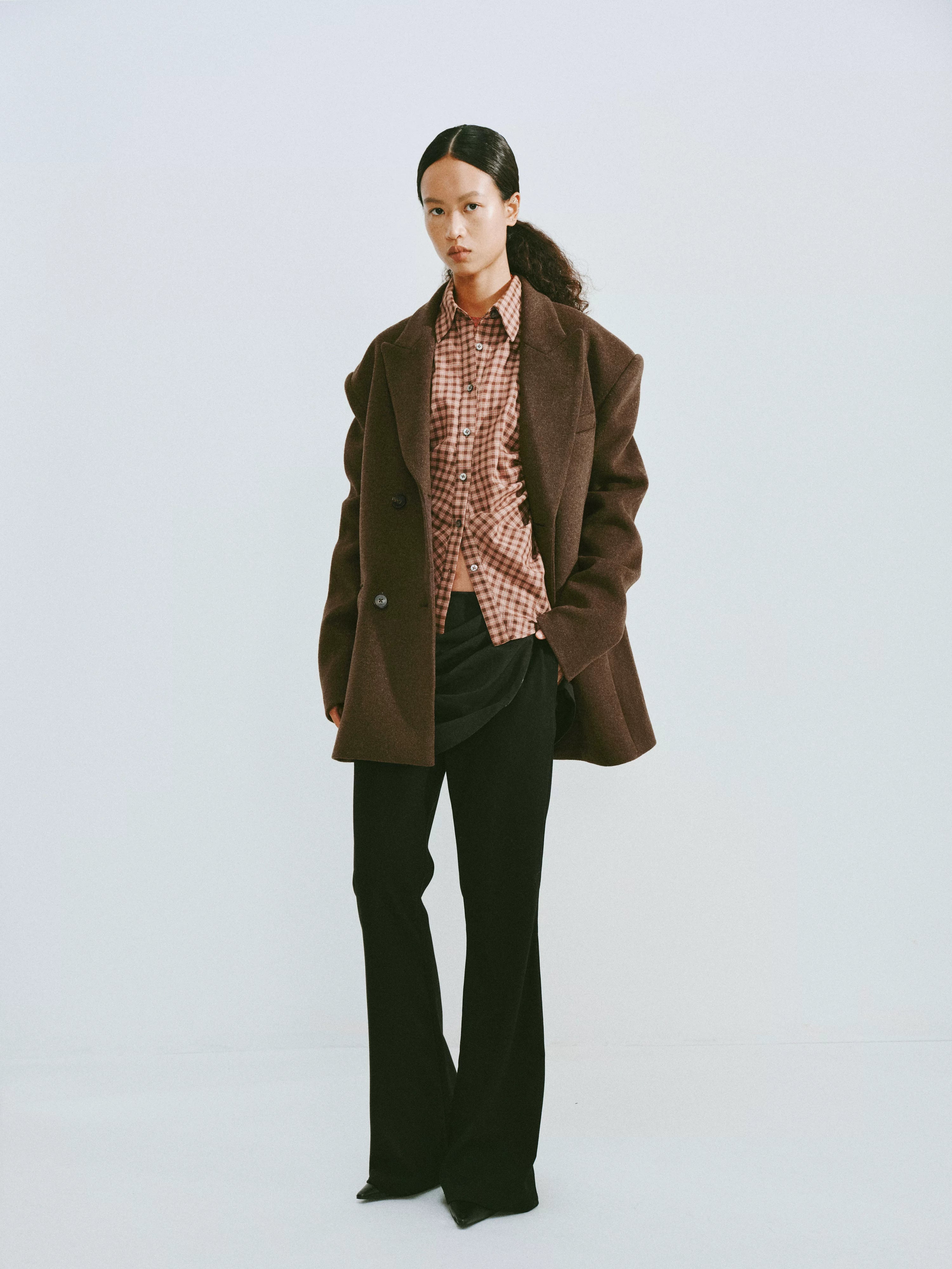 Pleated Plaid Cotton Button-Down Shirt