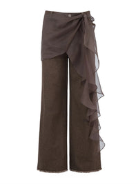 Tulle-Accented High-Waisted Straight Jeans