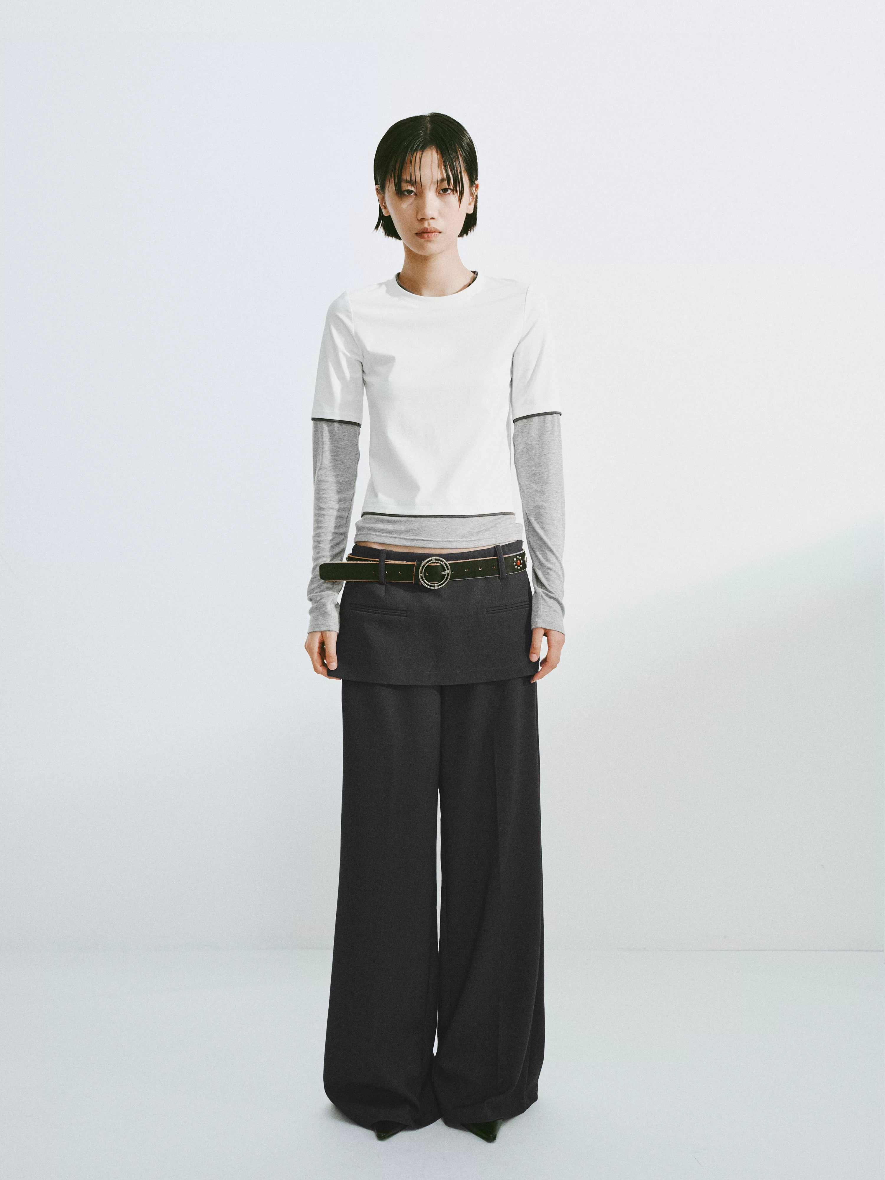 Layered Faux-Skirt Wide-Leg Trousers