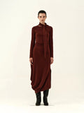 Ribbon-Neck Pleated Midi Dress