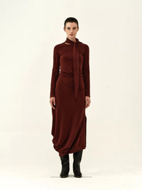 Ribbon-Neck Pleated Midi Dress